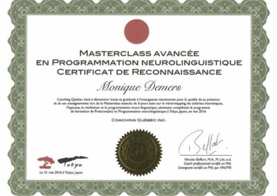 Certificat de Reconnaissance pour Masterclass au Japon 2016